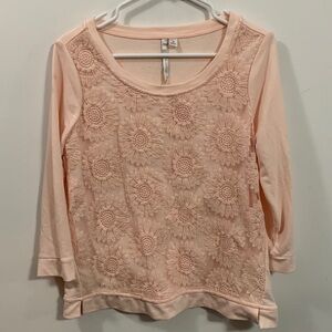 Lauren Conrad pullover with top layer of embroidered flowers on netting in pink